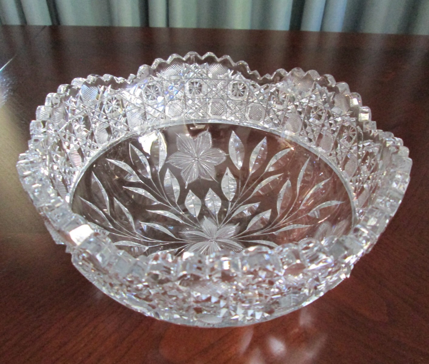 Antique American Brilliant Period Crystal Bowl w/Scalloped & Saw Tooth Edge-9″W