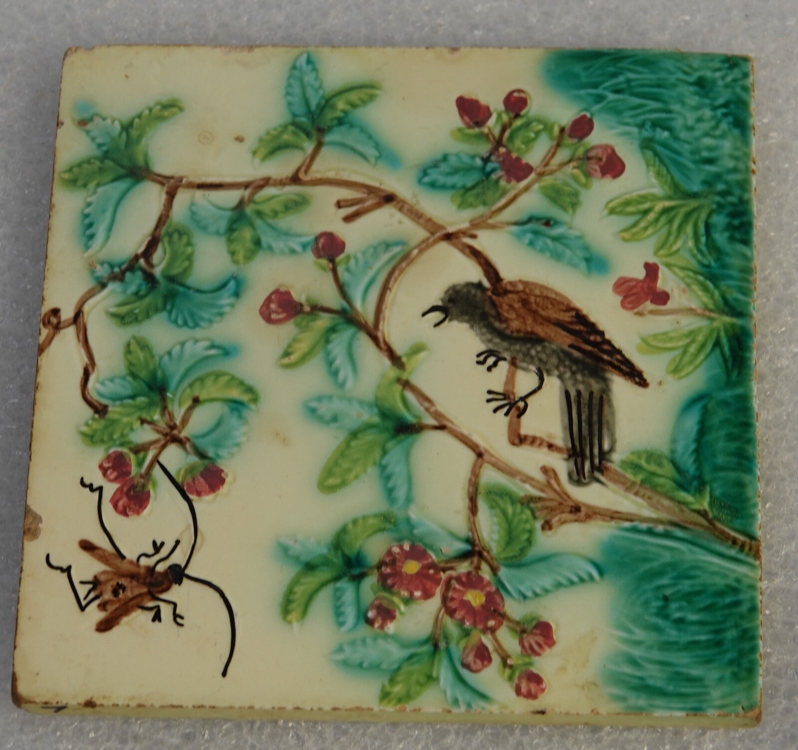 ANTIQUE WALL TILE CHERRY TREE W/ BIRD AND FLY ARTIST GEORG SCHMIDER GERMANY