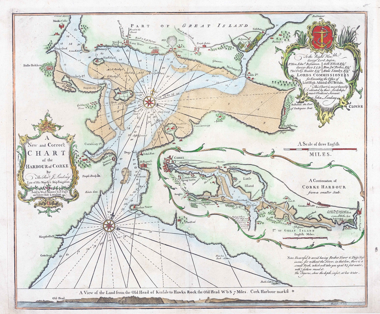 1760 Large SEA CHART HARBOUR CORK Ireland Greenville Collins Map