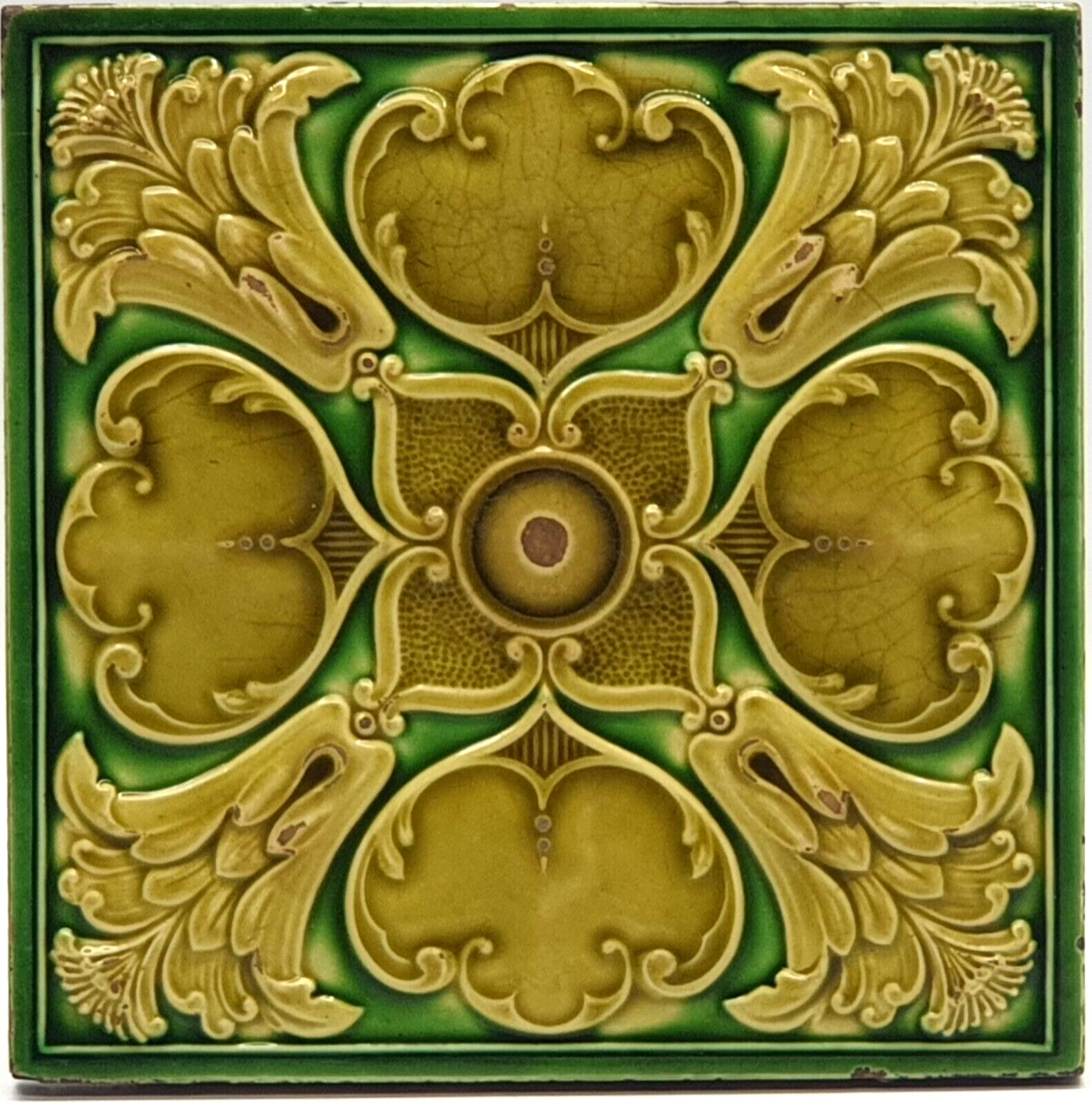 Antique Fireplace Tile Relief Moulded Floral Majolica Minton Hollins & Co C1890