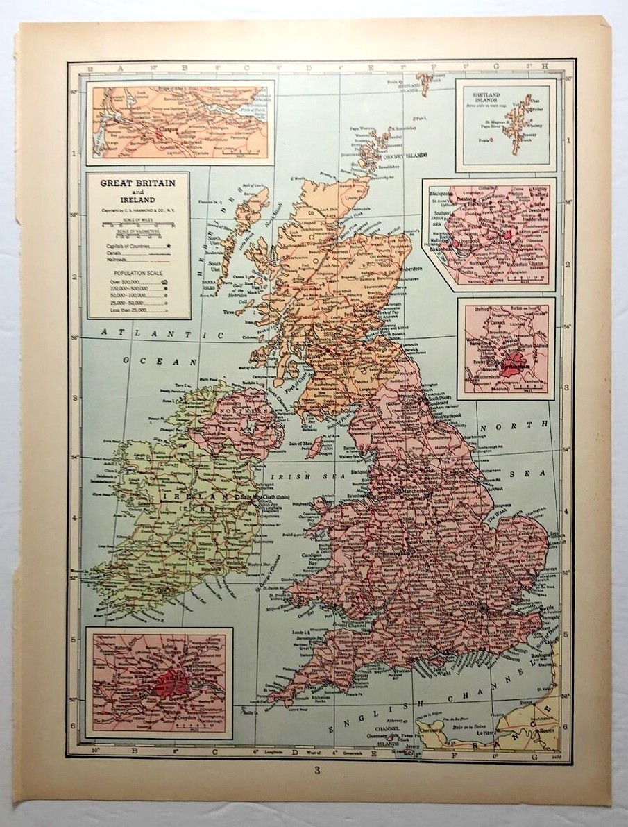 1947 Antique GREAT BRITIAN & IRELAND Atlas Map – Hammond’s Library World Atlas