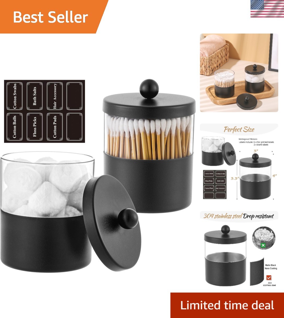Bathroom Jar Qtip Holder Cotton Ball Dispenser Kitchen Storage 2-Pack