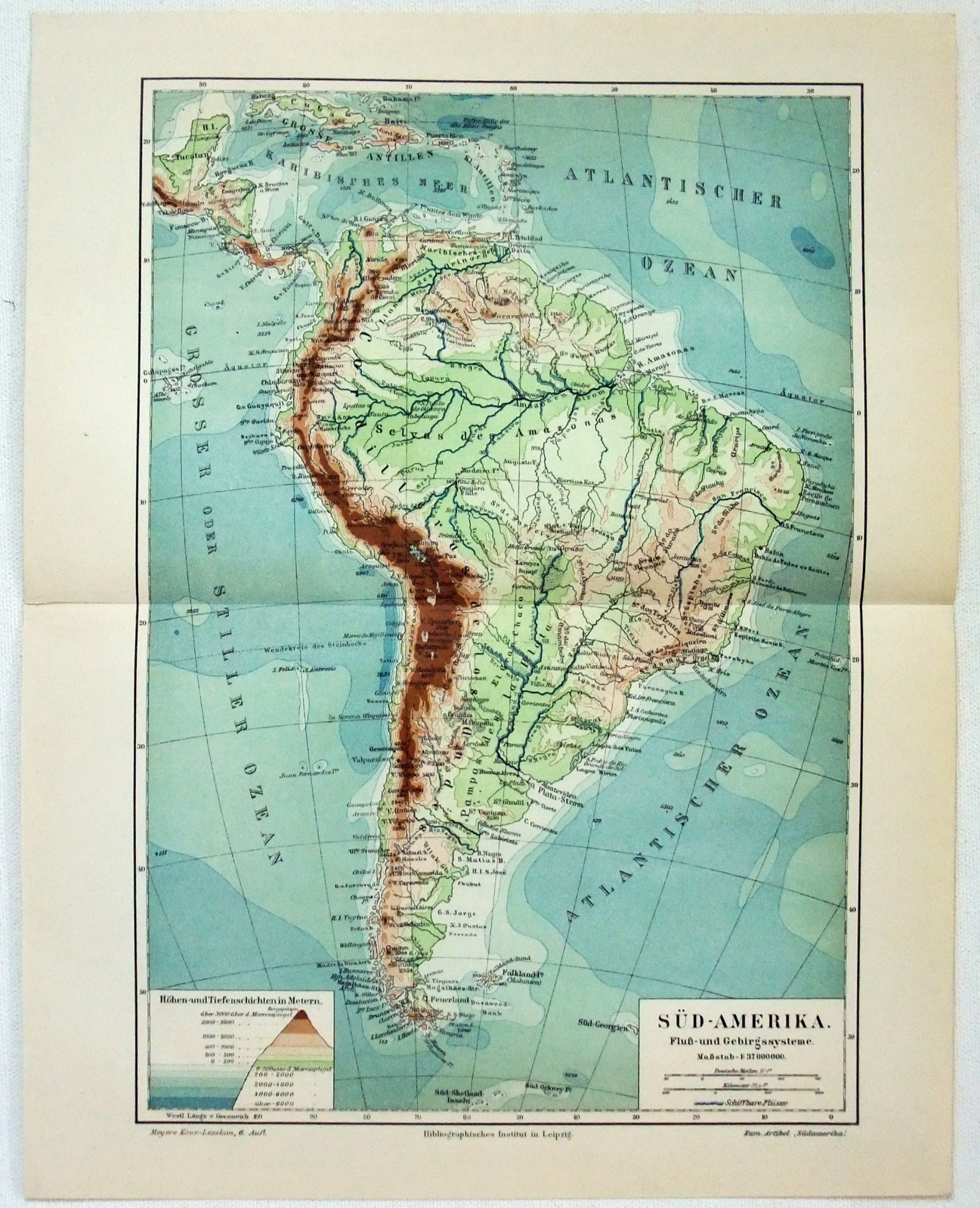 South America – Original 1908 Physical Map by Meyers. German Language