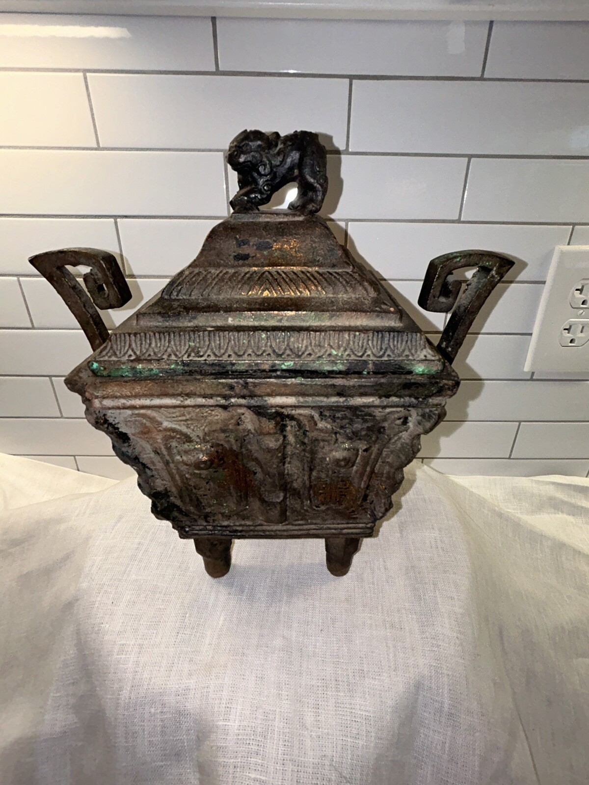 Antique Japanese Lidded cast iron Squared urn planter Heavy 7.550 Pounds