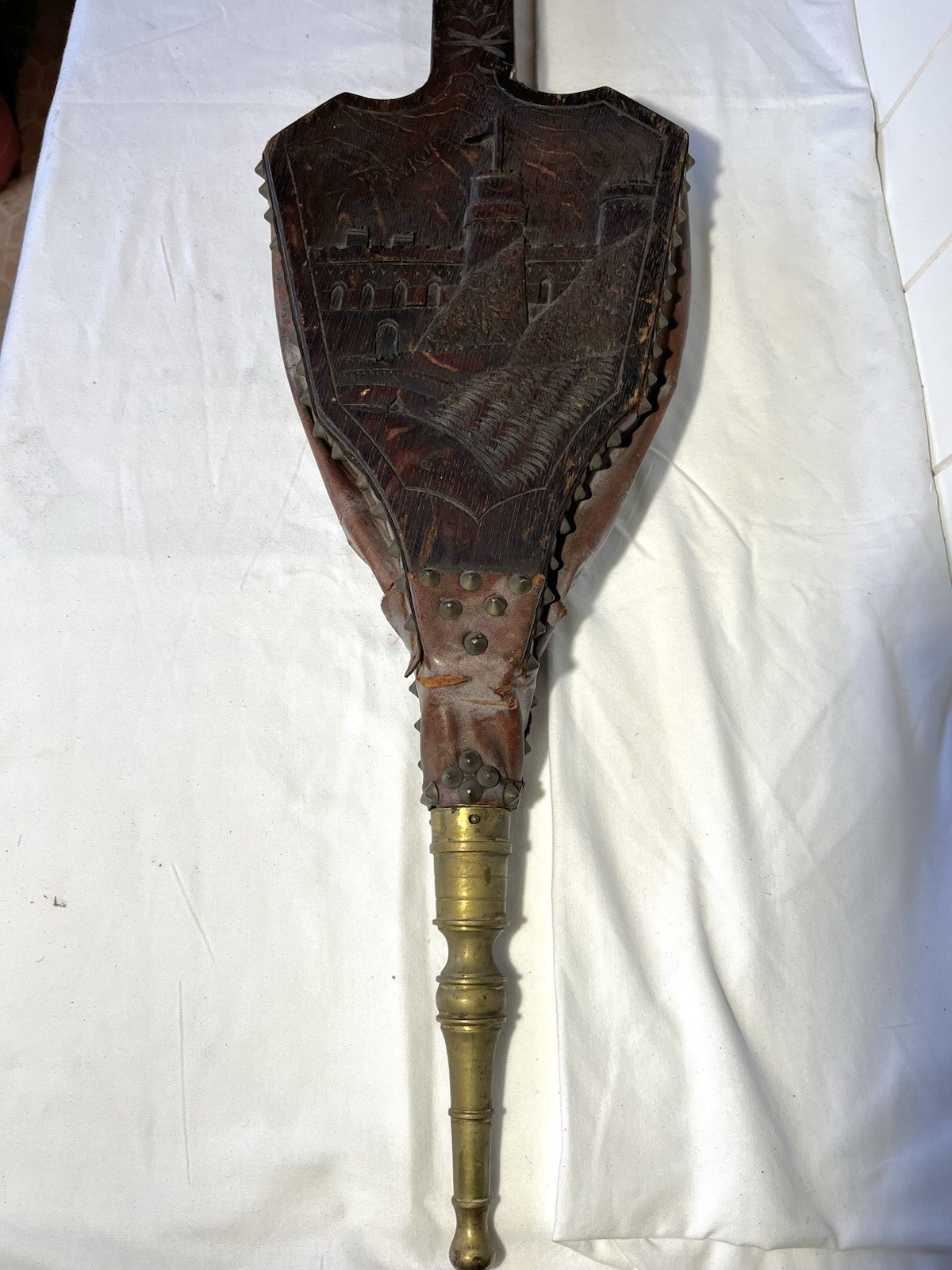 Antique Victorian Fireplace Bellows – Warwick Castle Motif, Circa 1800’s