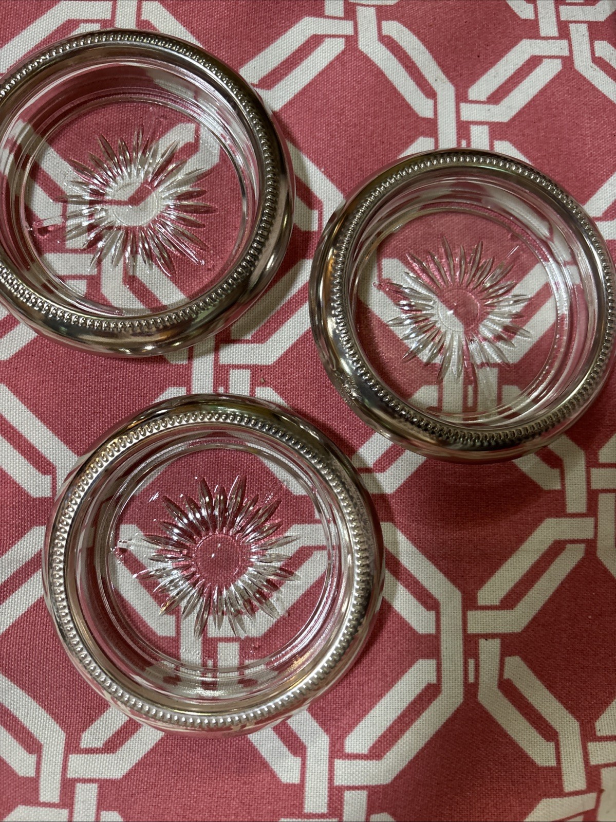 Set Of 3 Vtg Leonard Silver Plate And Glass Coasters Starburst Made In Italy NOS
