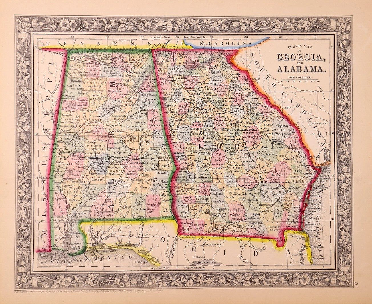 1862 Map ~ GEORGIA – ALABAMA ~ S. Augustus Mitchell (12×15)-#07