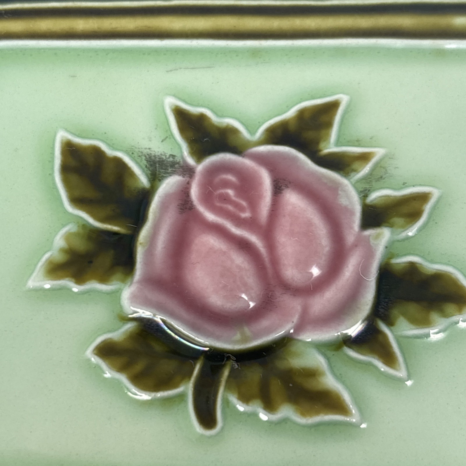 4 Vintage Art Nouveau Rose Pink Flower Border Tile Majolica 6” x 3” Japan
