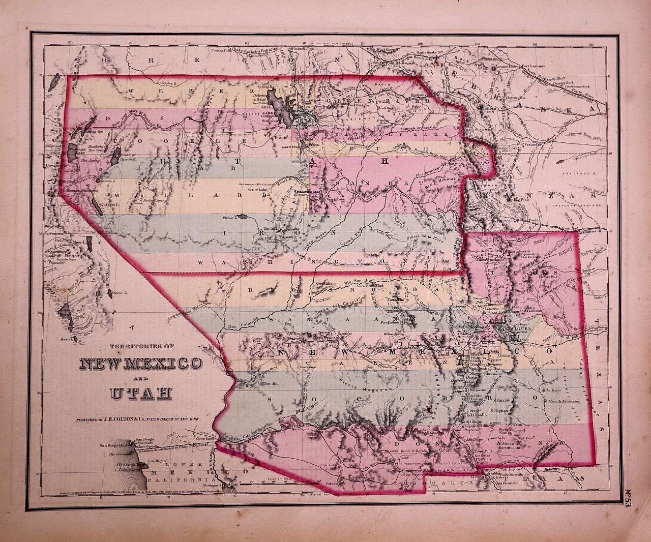 Rare Antique 1857 Hand Colored Map, Utah & New Mexico Territories by J.H. Colton