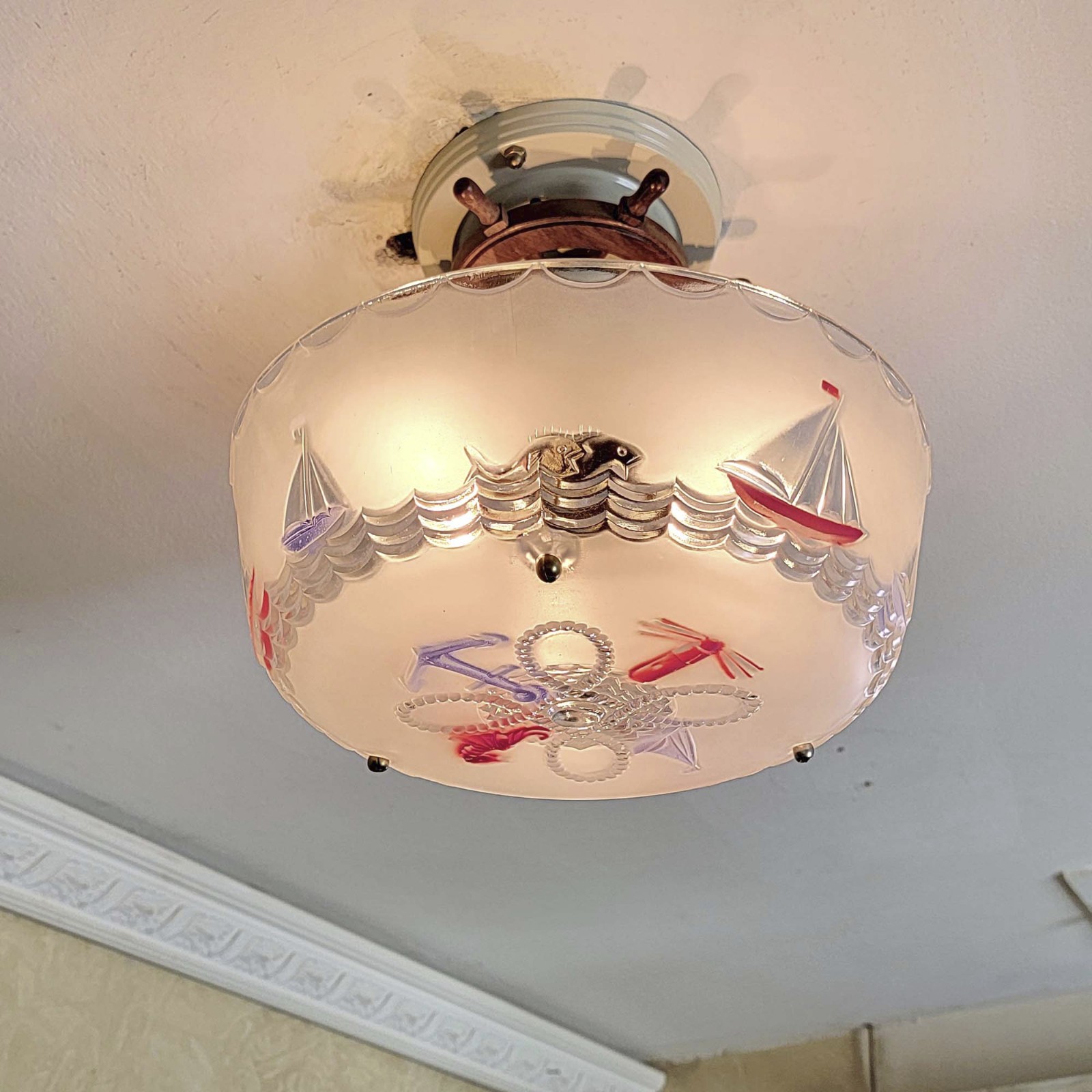 509c Antique Vintage 50’s 60s Nautical Ceiling Light Shade Lamp Fixture Maritime
