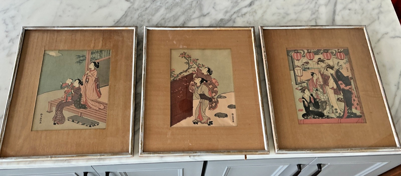 Trio Lot Vintage Japanese Woodblock Prints-Harunobu & Masanobu-Mid Century Frame