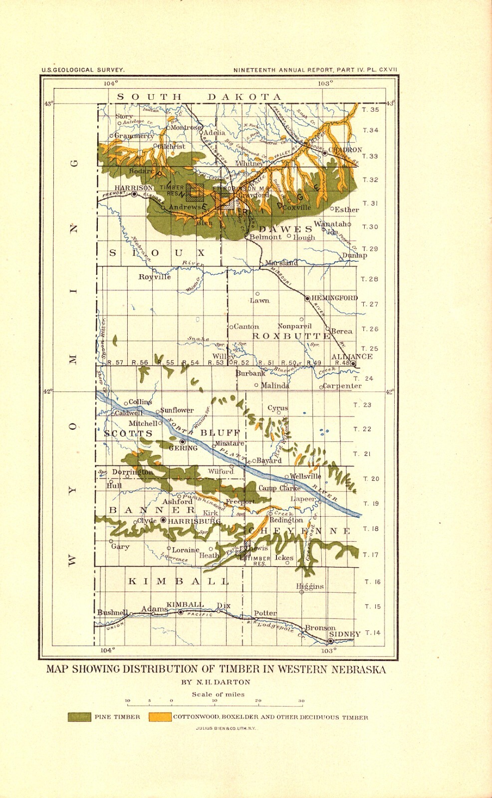 WEST NEBRASKA, TIMBER, HARRISBURG, HEMINGFORD Antique Forestry map 1899