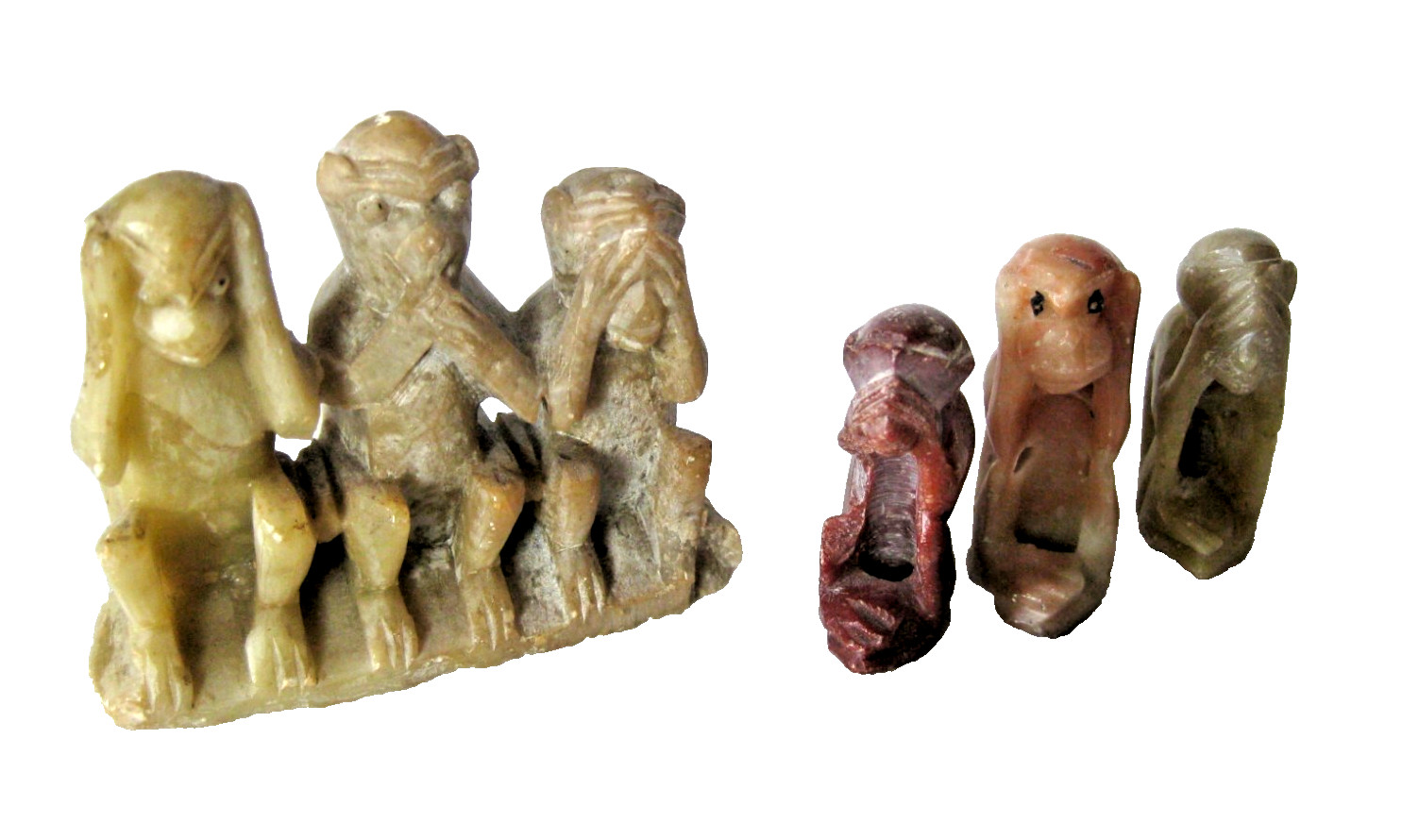 Antique Chinese Soapstone Carvings of Monkeys 2 Sets Hear, See & Speak No Evil