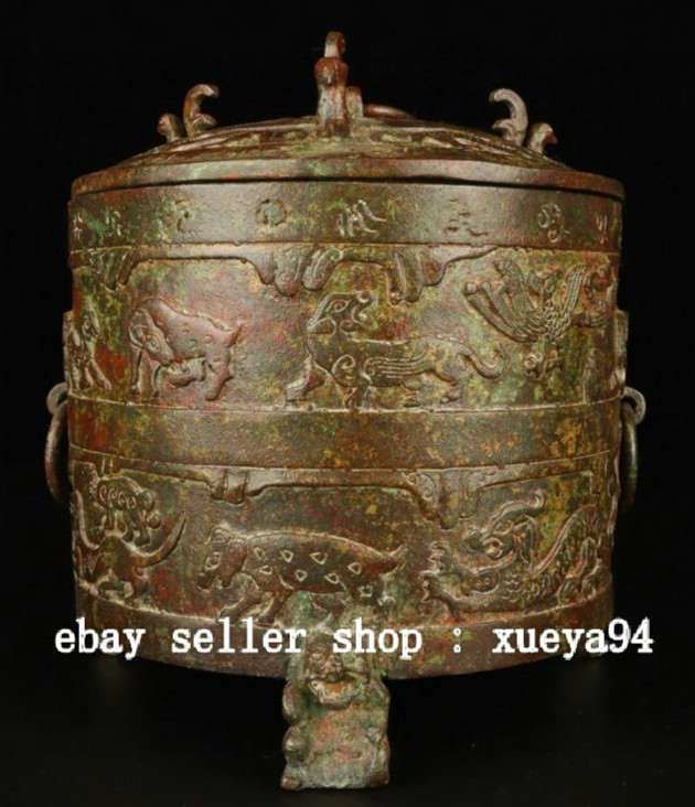 7.4″ Old China Han Dynasty Bronze Ware Dragon Beast Inscription Pot Jar Crock