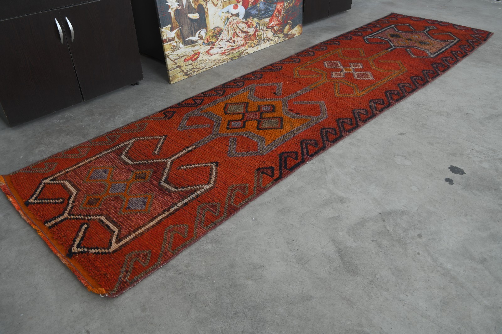 handmade faded vintage turkish runner rug, 3×11 wool neutral oushak runner,222