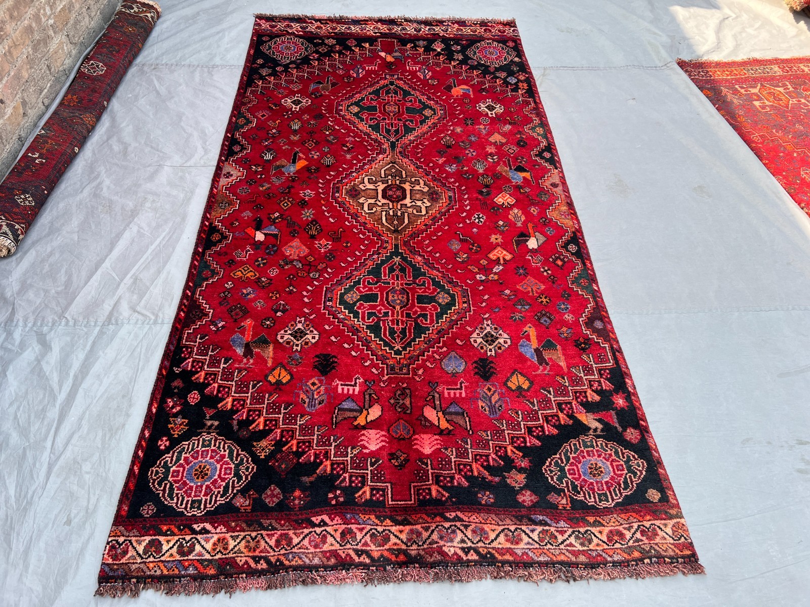 4’3 x 8’7 ft Vintage Afghan Tribal Pictorial Handknotted Wool Geometric Red Rug