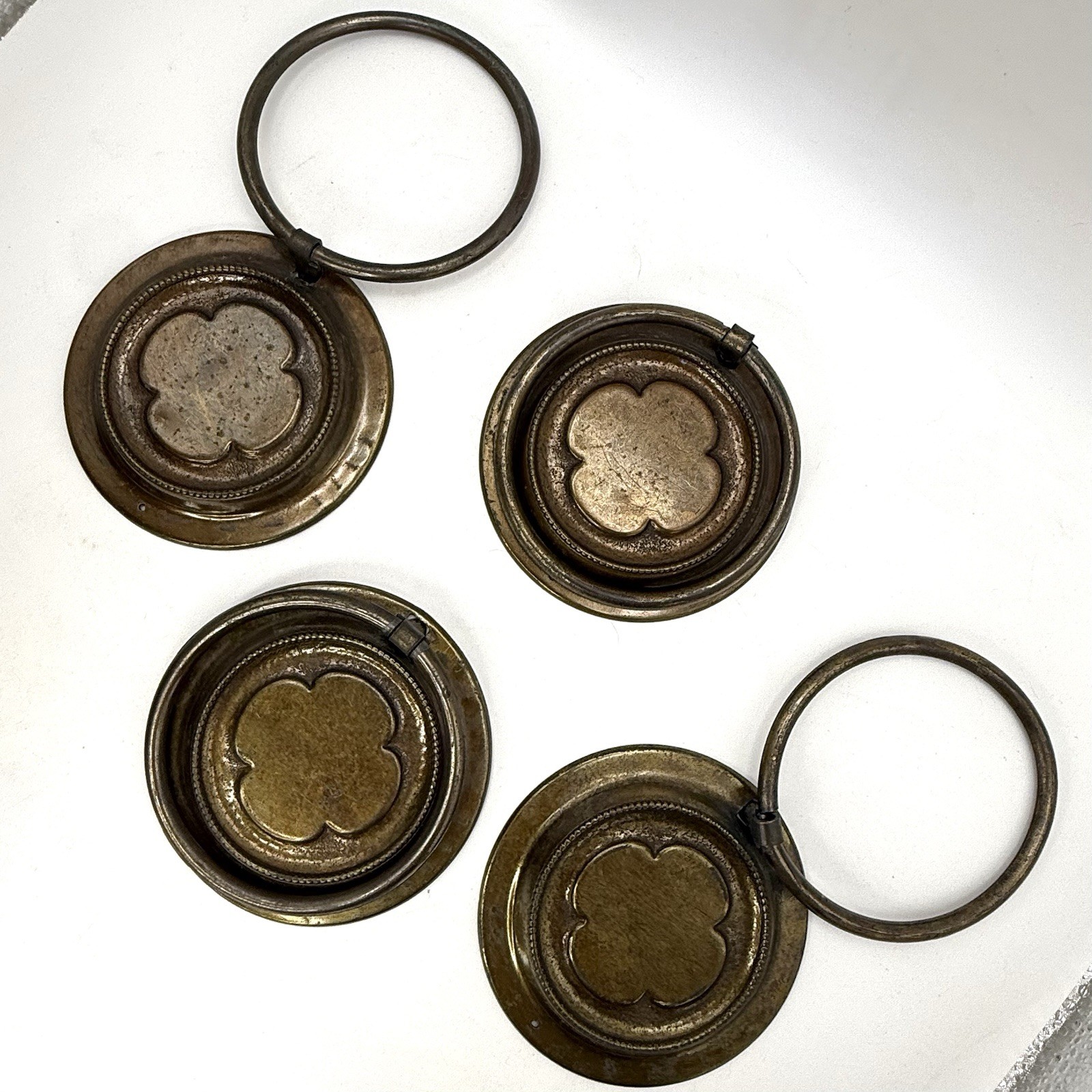 Rustic 4 Round Brass Drop Ring Antique Clover Drawer Pulls 3 1/2” Ornate Victori