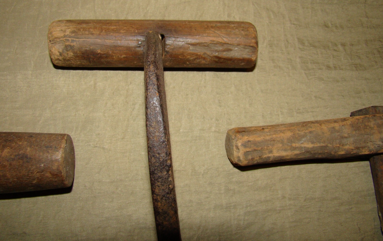 3 Antique Hand Forge Wood Handle Hay Hooks Farmhouse Rustic Primitive Wall Art A