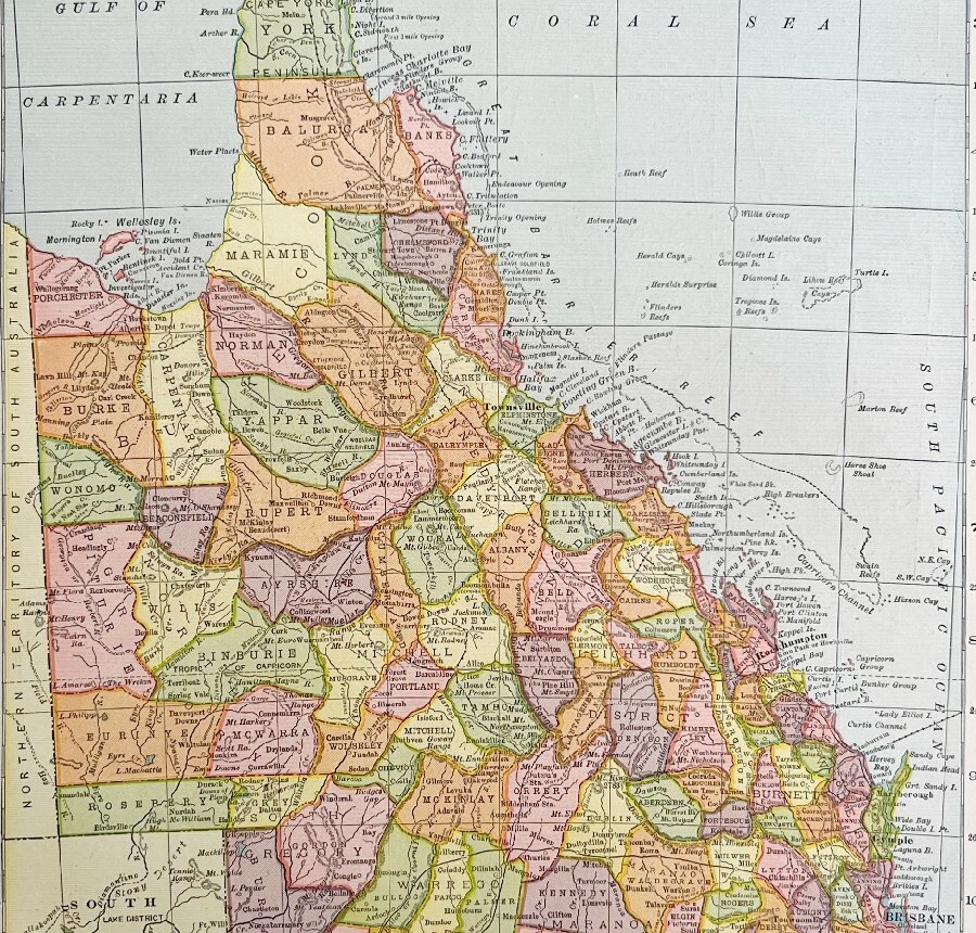 Queensland Australia Map Lithograph 1909 Hammond Oceania Print LGADMap
