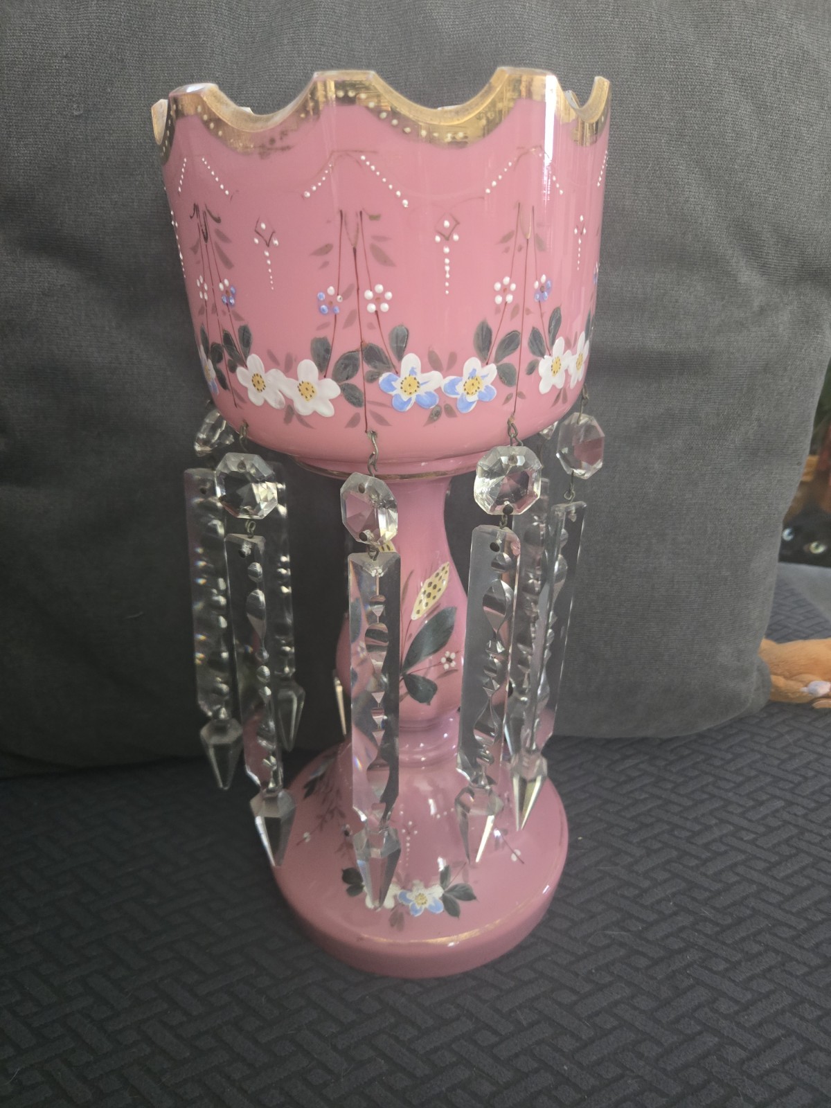 Large ANTIQUE VICTORIAN ART GLASS MANTEL LUSTER Hand Painted Pink Gold w /PRISMS