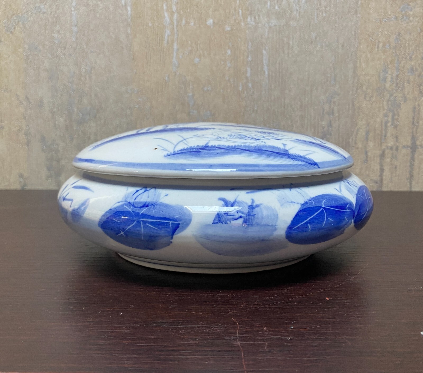 Vintage Covered Bowl Blue and White Lotus Flower & Bird Hand Painted
