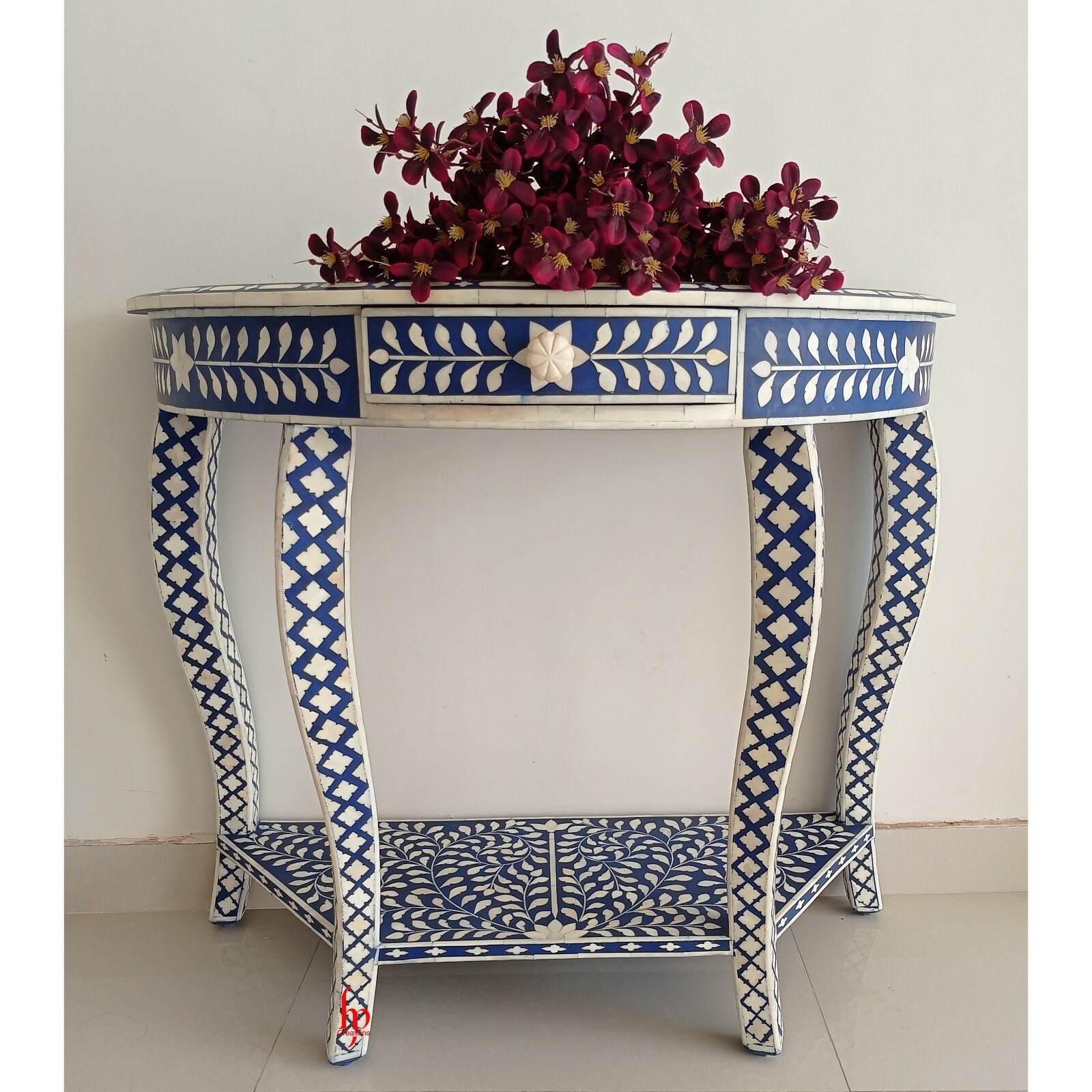 Handmade Bone Inlay Semi Round Floral Pattern Console Table for Home and office
