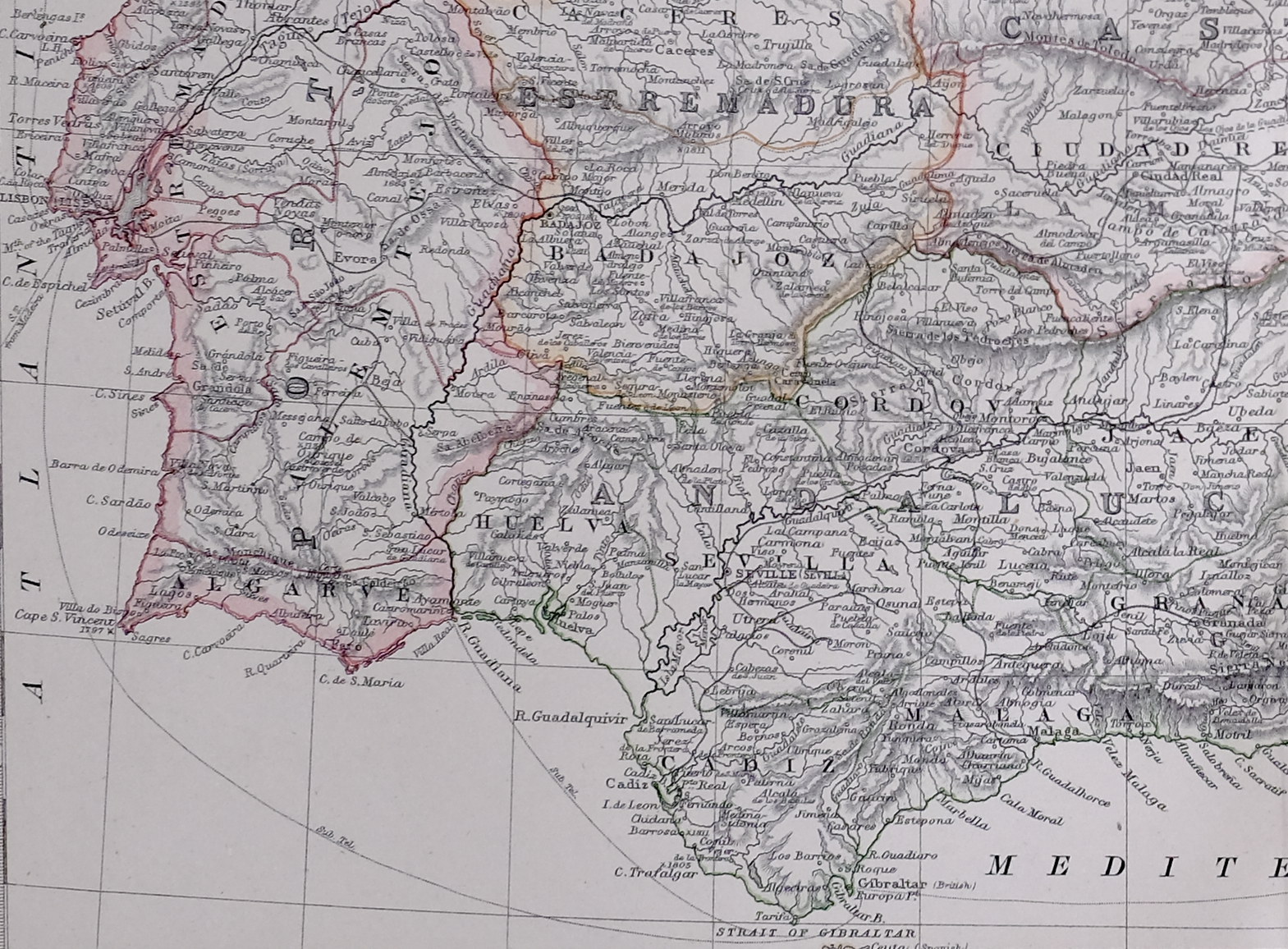 1881 LARGE ANTIQUE MAP SPAIN & PORTUGAL NEW CASTILE ANDALUCIA ESTREMADURA