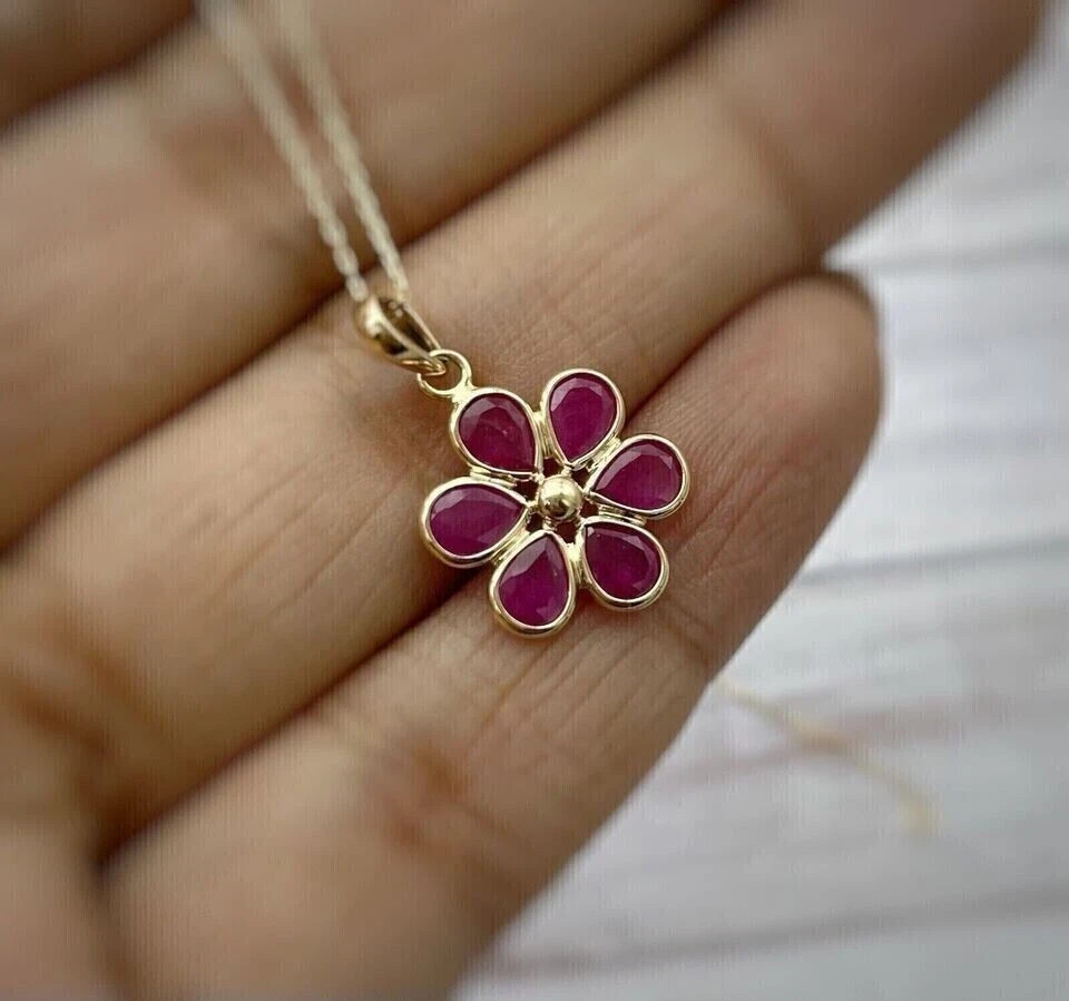 2.22Ct Pear Cut Lab Created Red Ruby Flower Pendant 14K Yellow Gold Plated 18′