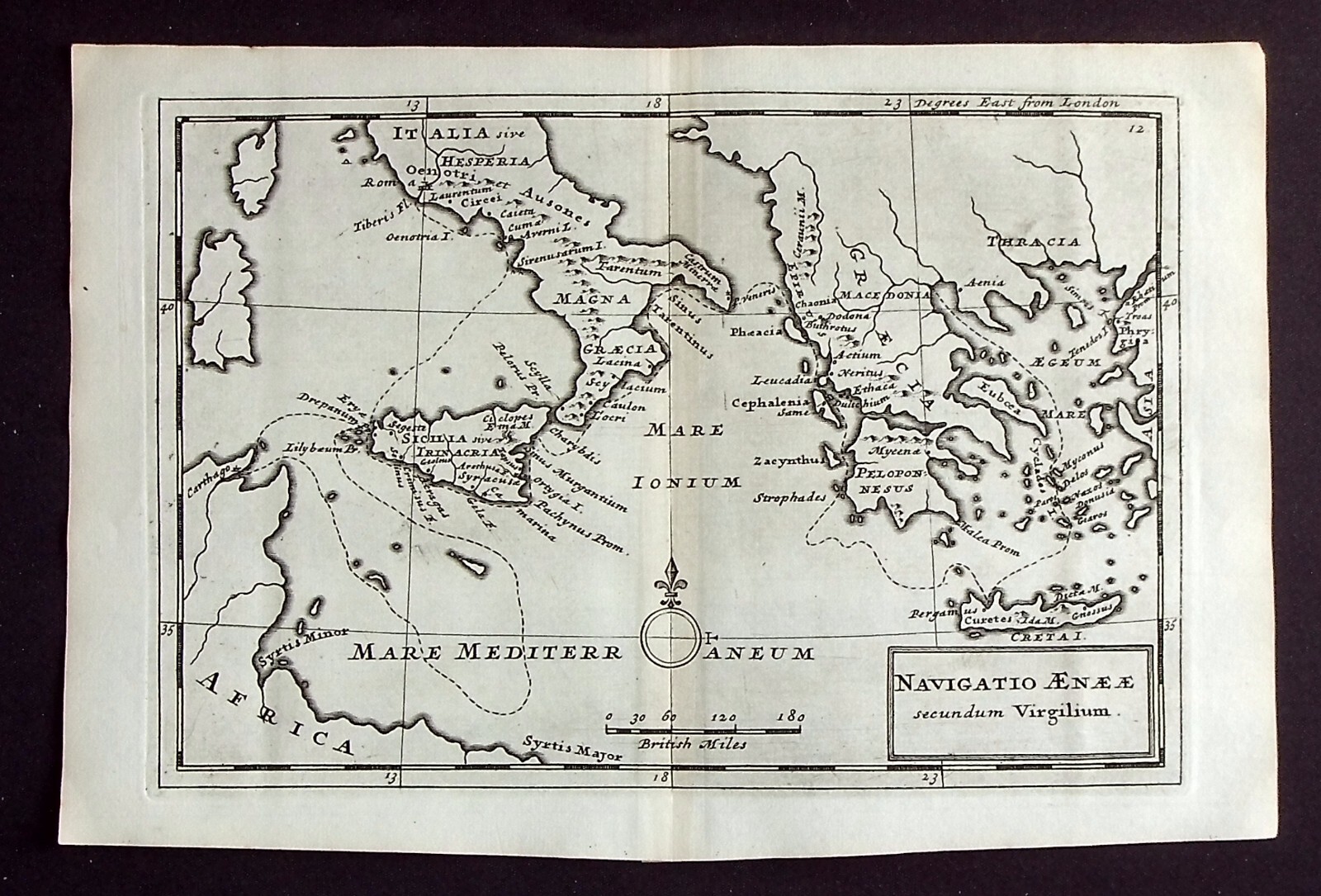 ANCIENT ITALY, GREECE, VOYAGE OF AENEAS, original antique map, Moll, 1739