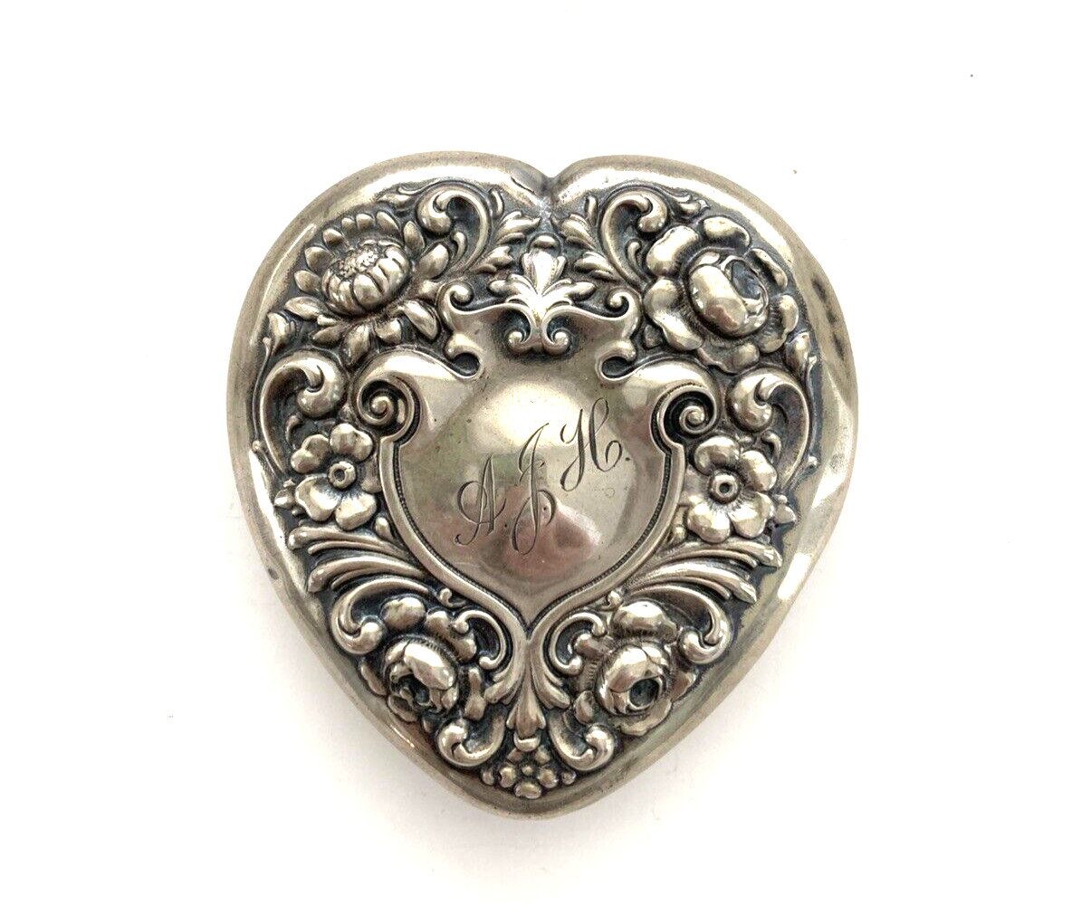 Antique Sterling Silver Heart Dresser Jar Top with Monogram Top ONLY