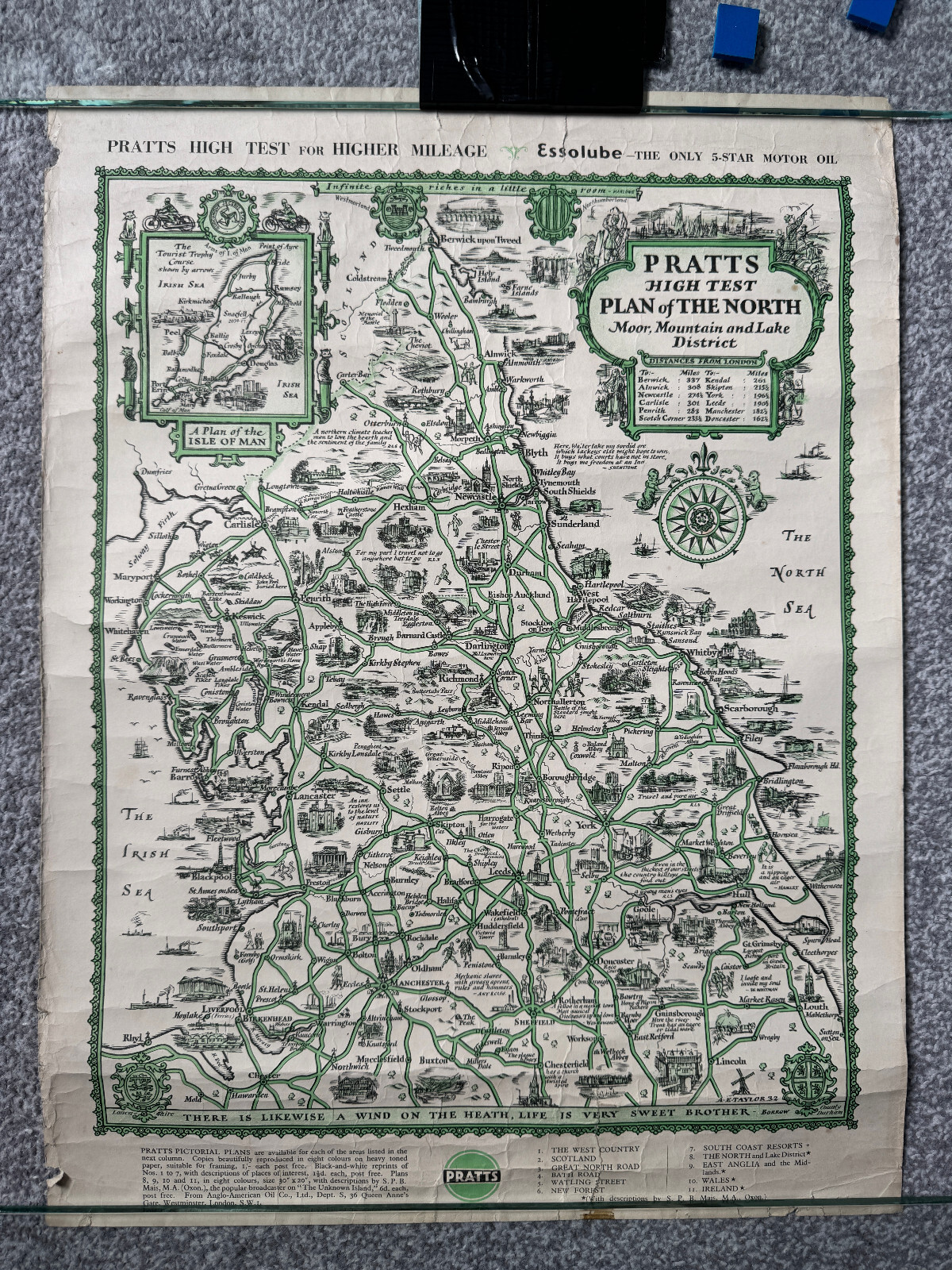 1935 Pratts High Test Plan of the North (Lake District) vintage map/Essolube