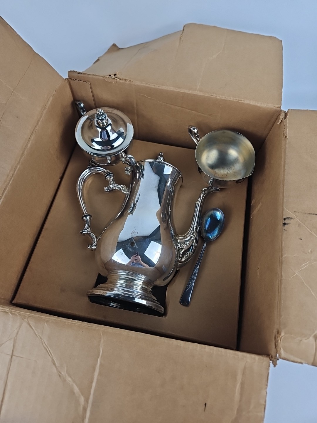 VTG WM Rogers Silver Plated Lidded Coffee/Tea Pot Creamer Sugar Spoon Set