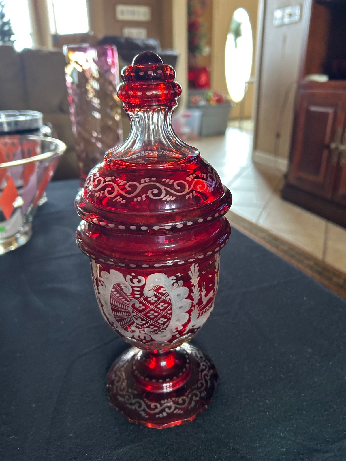 Antique Bohemian Ruby Red To Clear Crystal Goblet/candy urn & Lid 11”