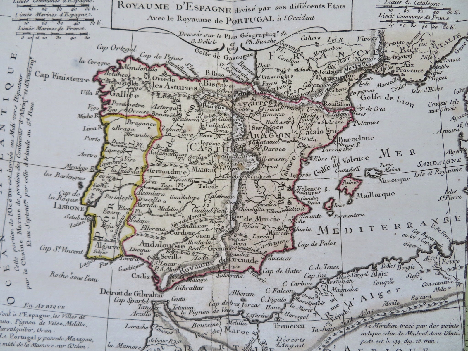 Kingdom of Spain & Portugal Madrid Lisbon Gibraltar 1761 rare Delisle Buache map