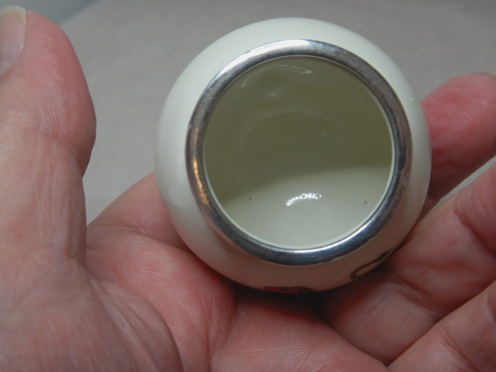 ANTIQUE ENGLISH 1908 STERLING SILVER RIM PORCELAIN SALT MUSTARD CONDIMENT POT