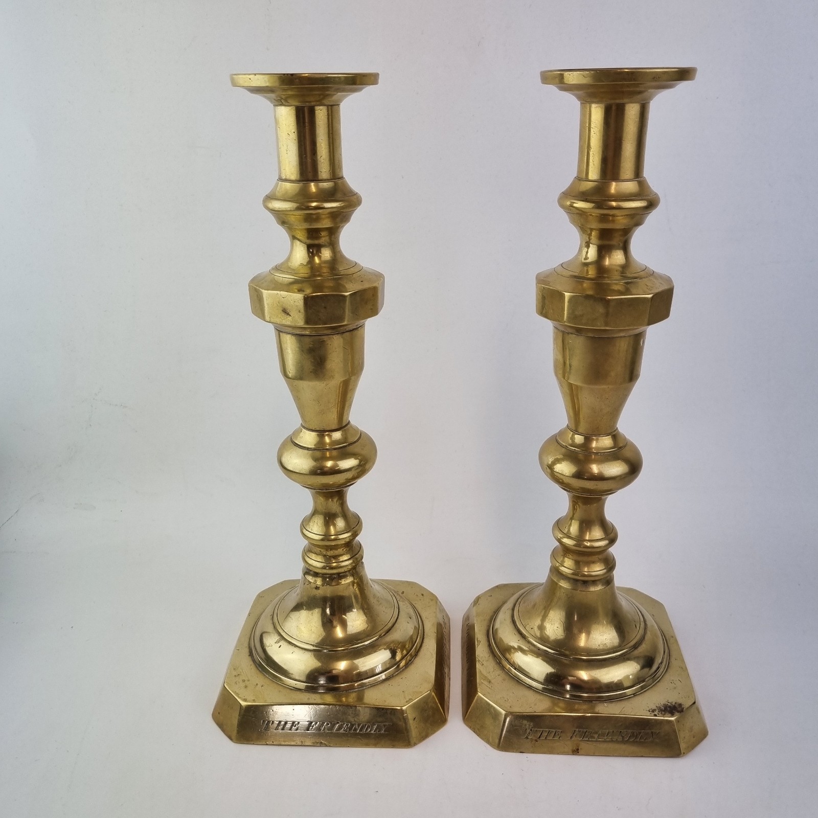 Antique 19thC Pair Brass Candlesticks “The Friendly Brothers Of St Johns Society