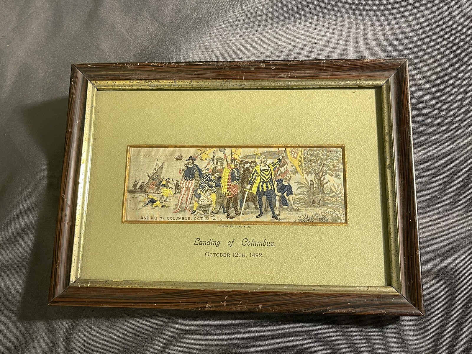 Antique Victorian Stevens Silk Woven Stevengraph Landing of Columbus 1492