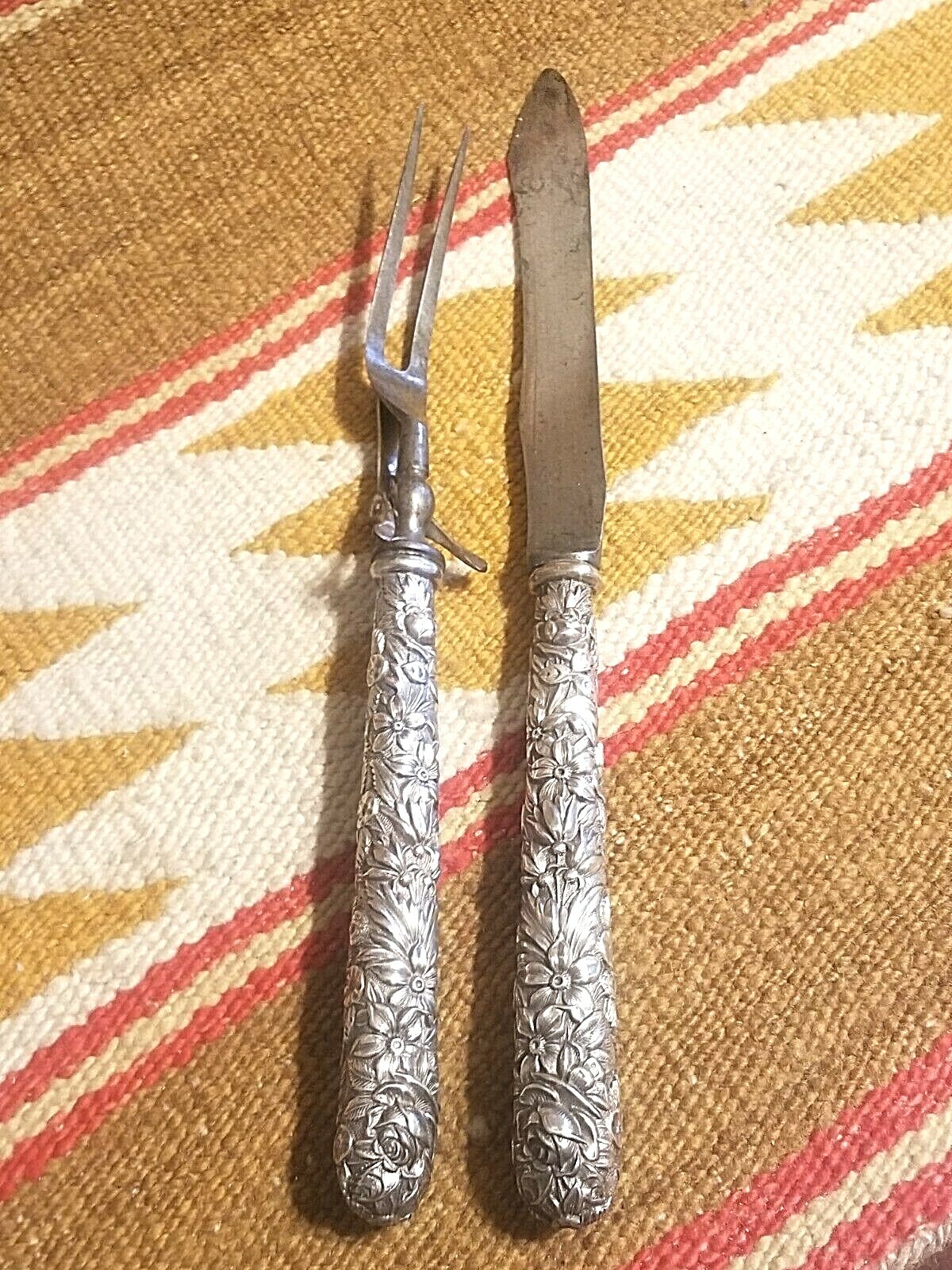 BEAUTIFUL S KIRK & SON STERLING SILVER REPOUSSE CARVING SET KNIFE & FORK 1860’s
