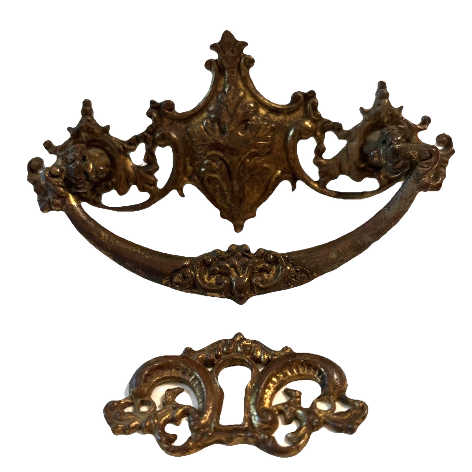 Antique Brass Victorian Ornate Drawer Pulls and Key Holes Set of 2