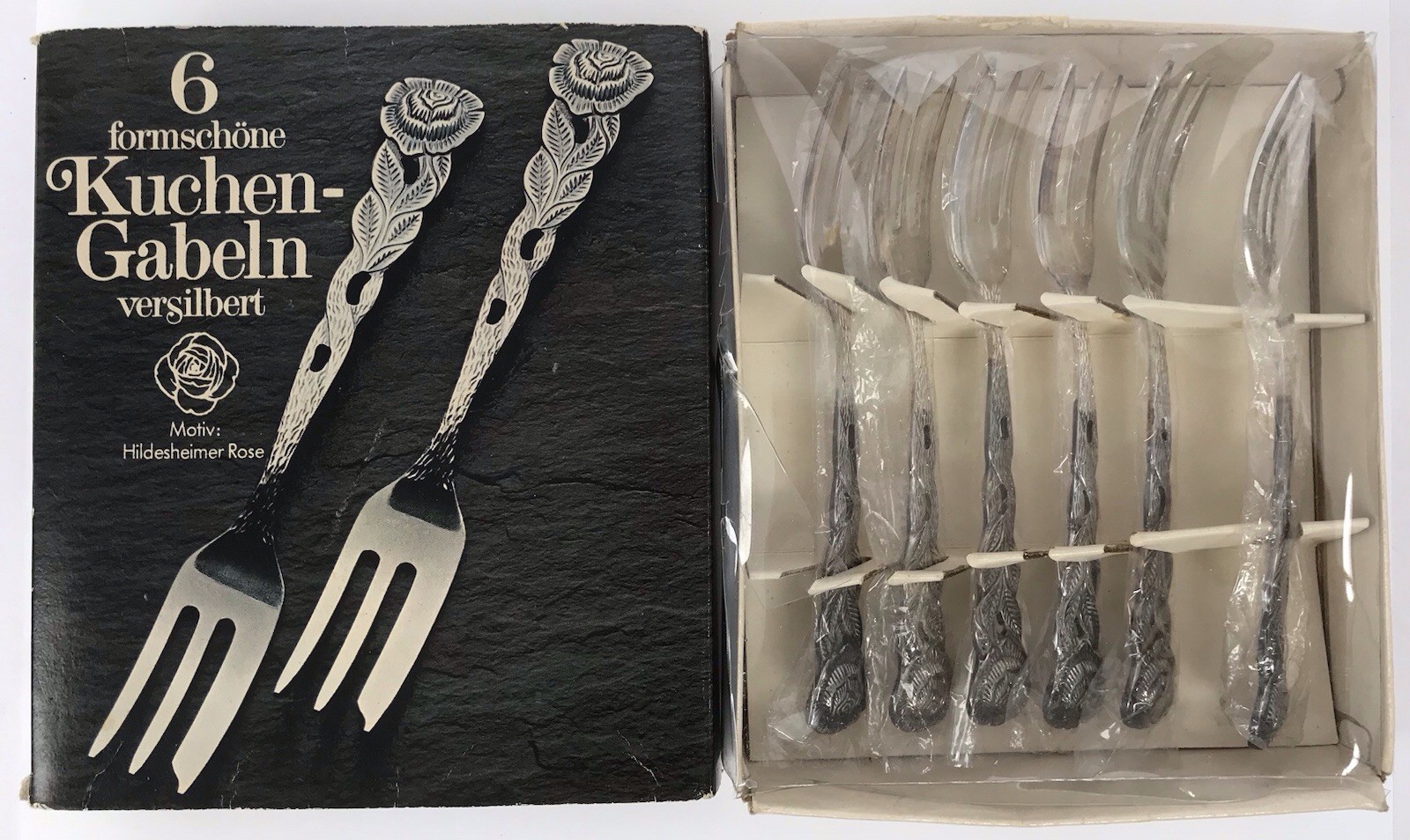 Vintage 6 Forschone Kuchen-Gabeln Versilbert Cake/Dessert Forks Rose Handle