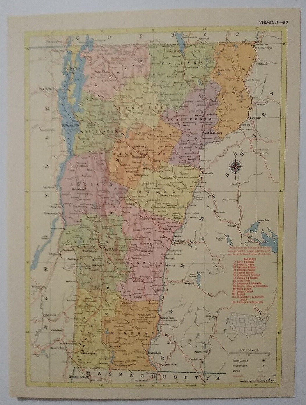 1956 Antique VERMONT Atlas Map Vintage Hammond’s Family Reference World Atlas