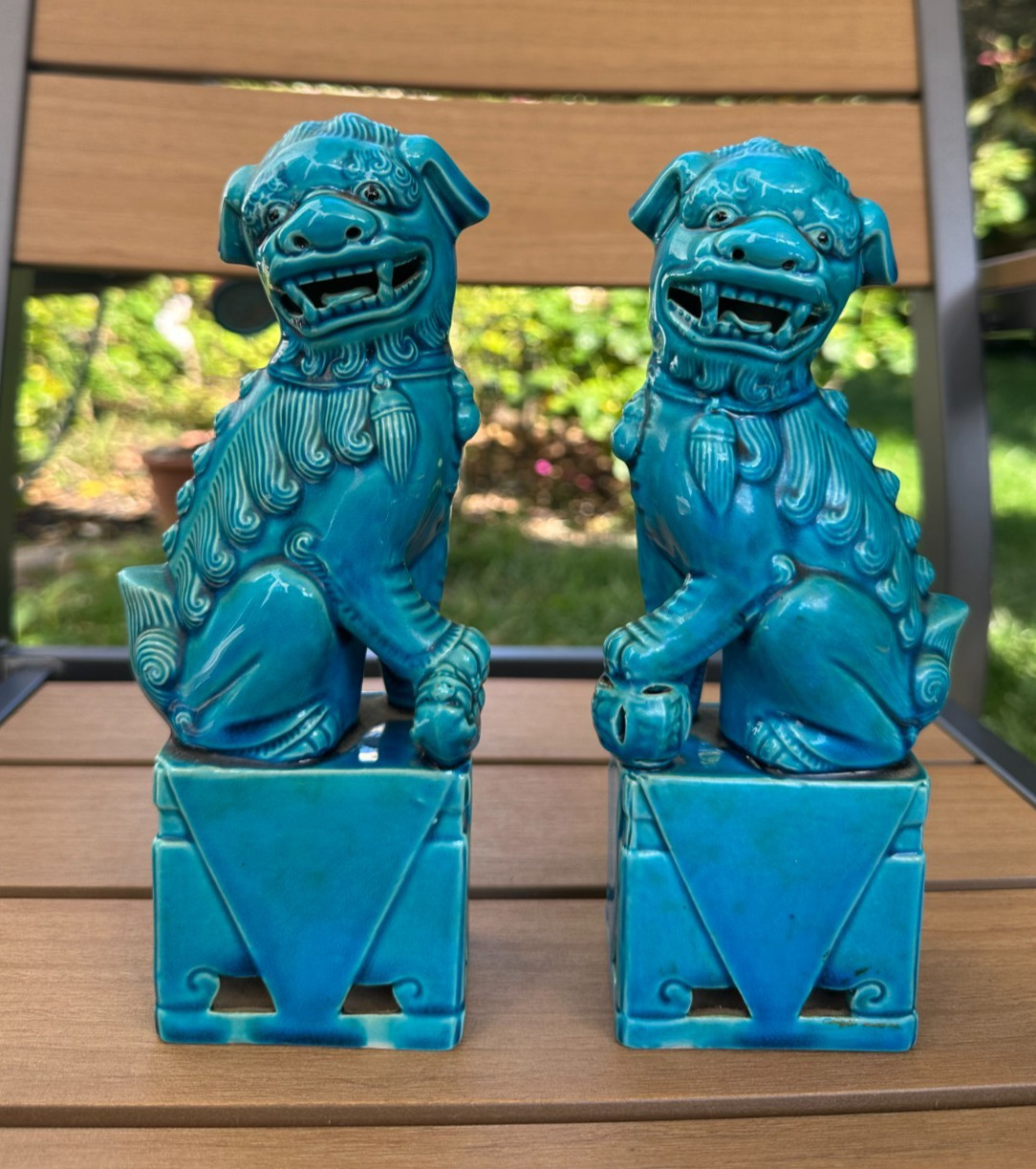 Pair of Vintage Chinese Porcelain Turquoise Foo Dog/ Lion 8″ Figurines