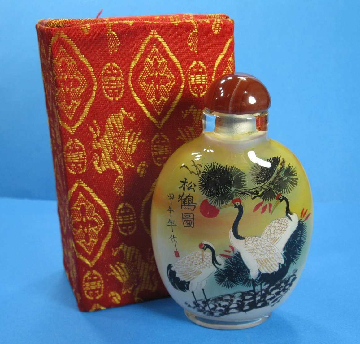 Vintage Chinese Reverse Painted Glass Snuff Perfume Bottle In Box Asian Birds