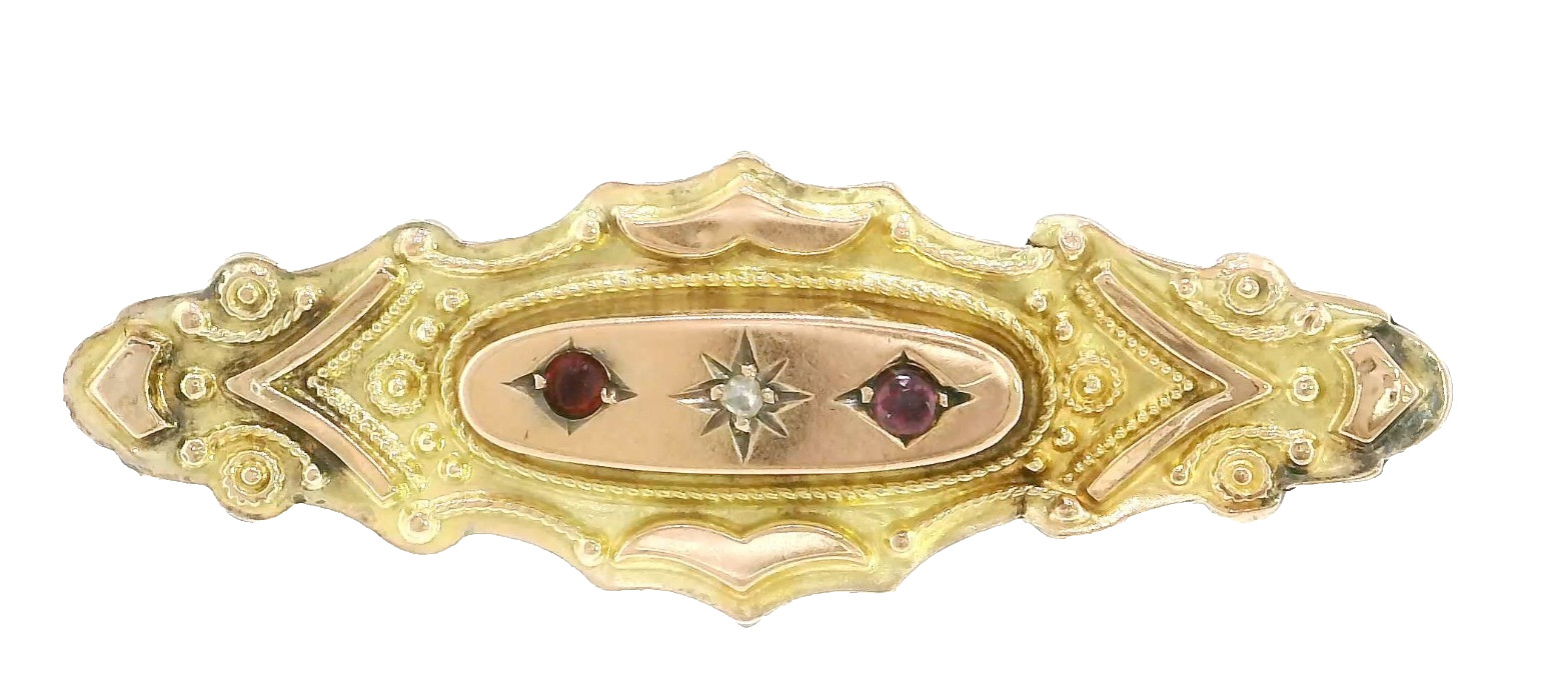 Antique 9ct Rose Gold Mourning Brooch with Rubies & Diamond