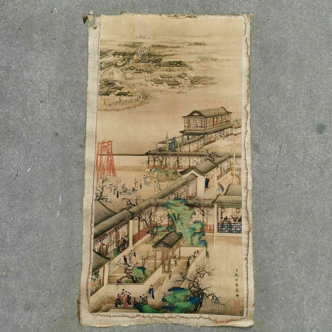 Chinese Old Scroll Langshining’s landscape figure Painting Rice Paper Painting
