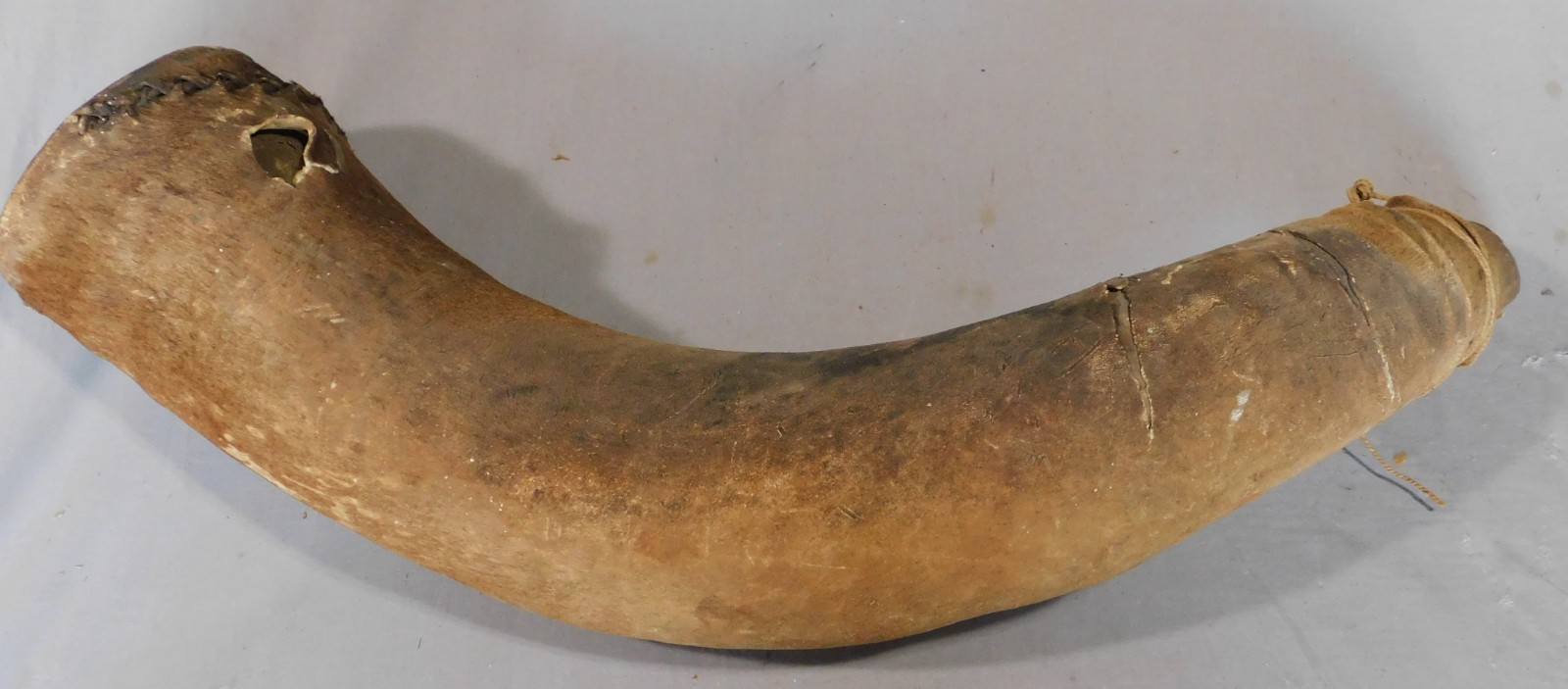 Antique African Horn Drum Animal Hide Covered Kudu Horn Instrument Early 20th C