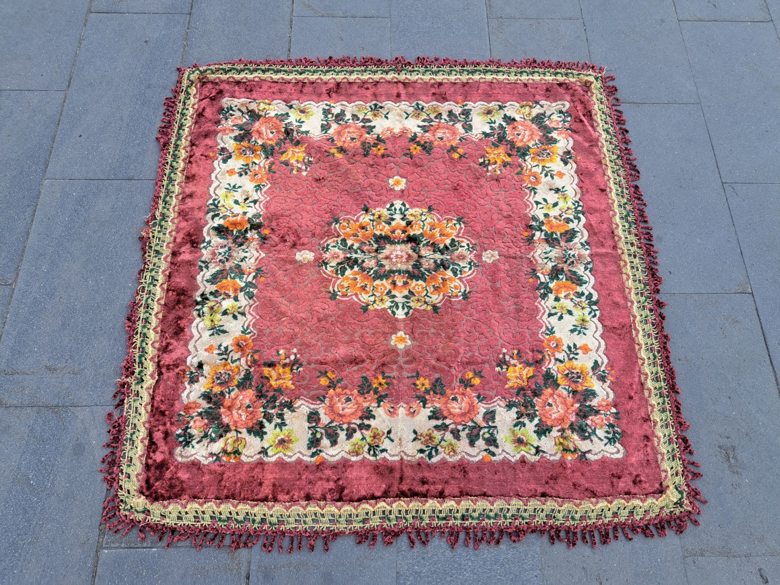 Turkish Velvet Rug, Table Ornament, Vintage Tapestry, Wall Art, 4.3 x 4.3 ft