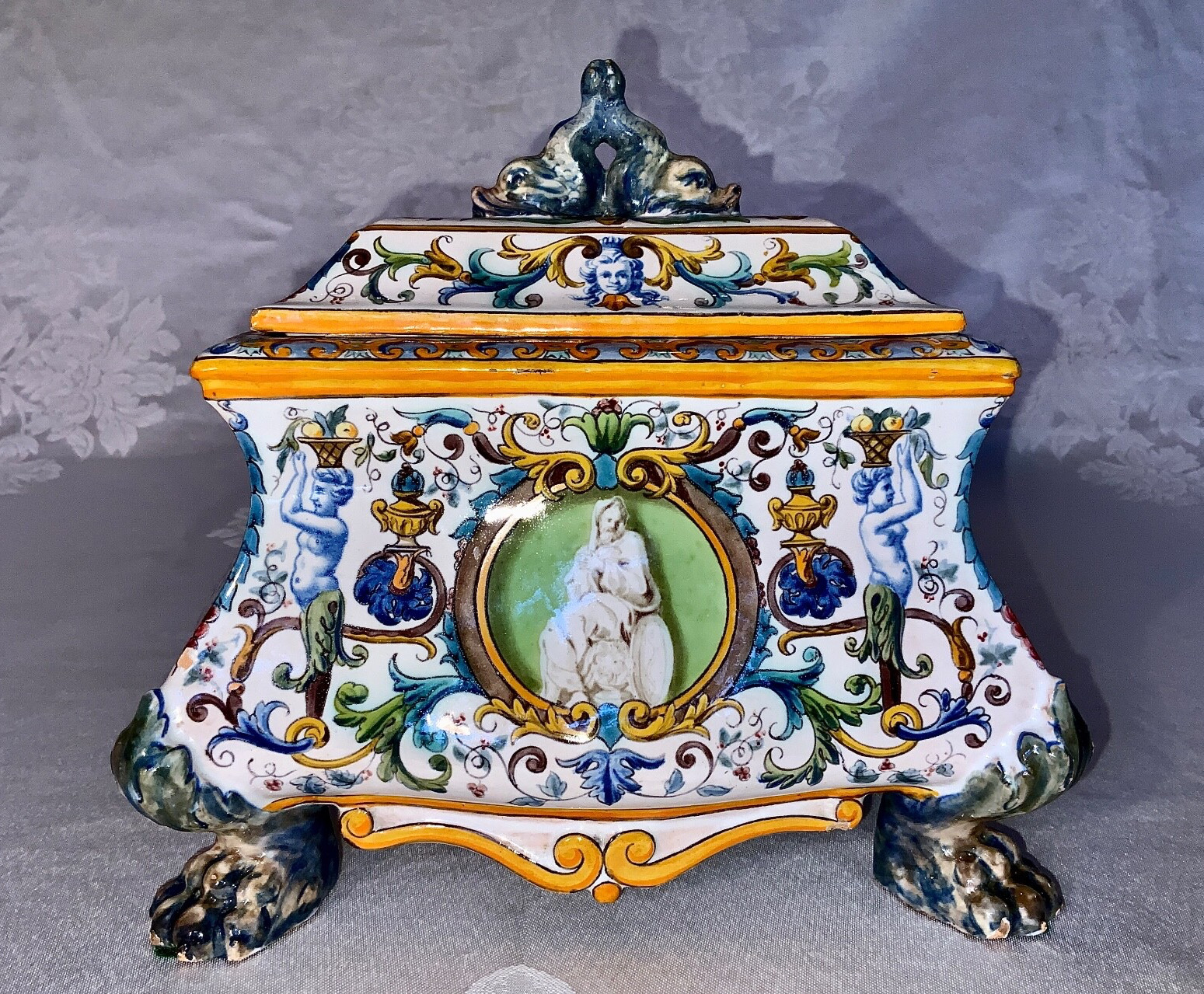 ANTIQUE FRENCH FAIENCE LIDDED CASKET / ROUEN REVIVAL POLYCHROME TIN GLAZE C.1890