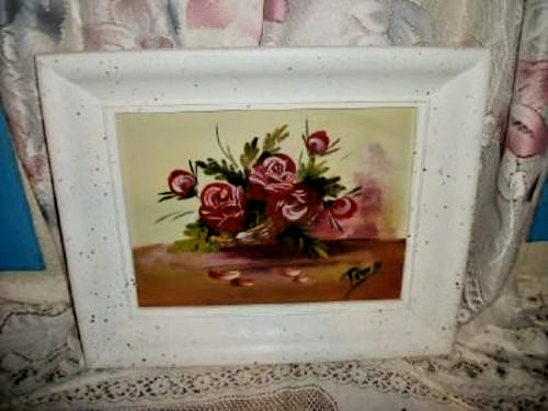 Cottagecore 1950s Oil Painting Retro Roses Stylized Chunky Spatter Wood Frame