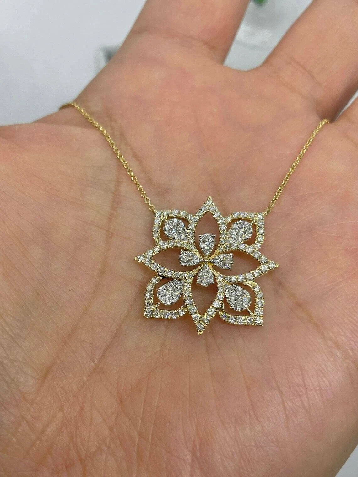 2Ct Round Cut Lab Created Diamond Flower Love Pendant 14K Yellow Gold Plated